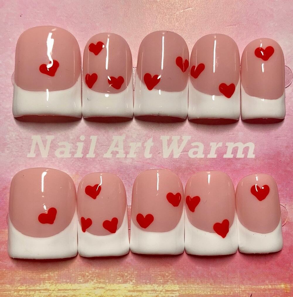 Cute French Tip Heart Print Baby Duck ShapeHandmade Press-On Nails Small